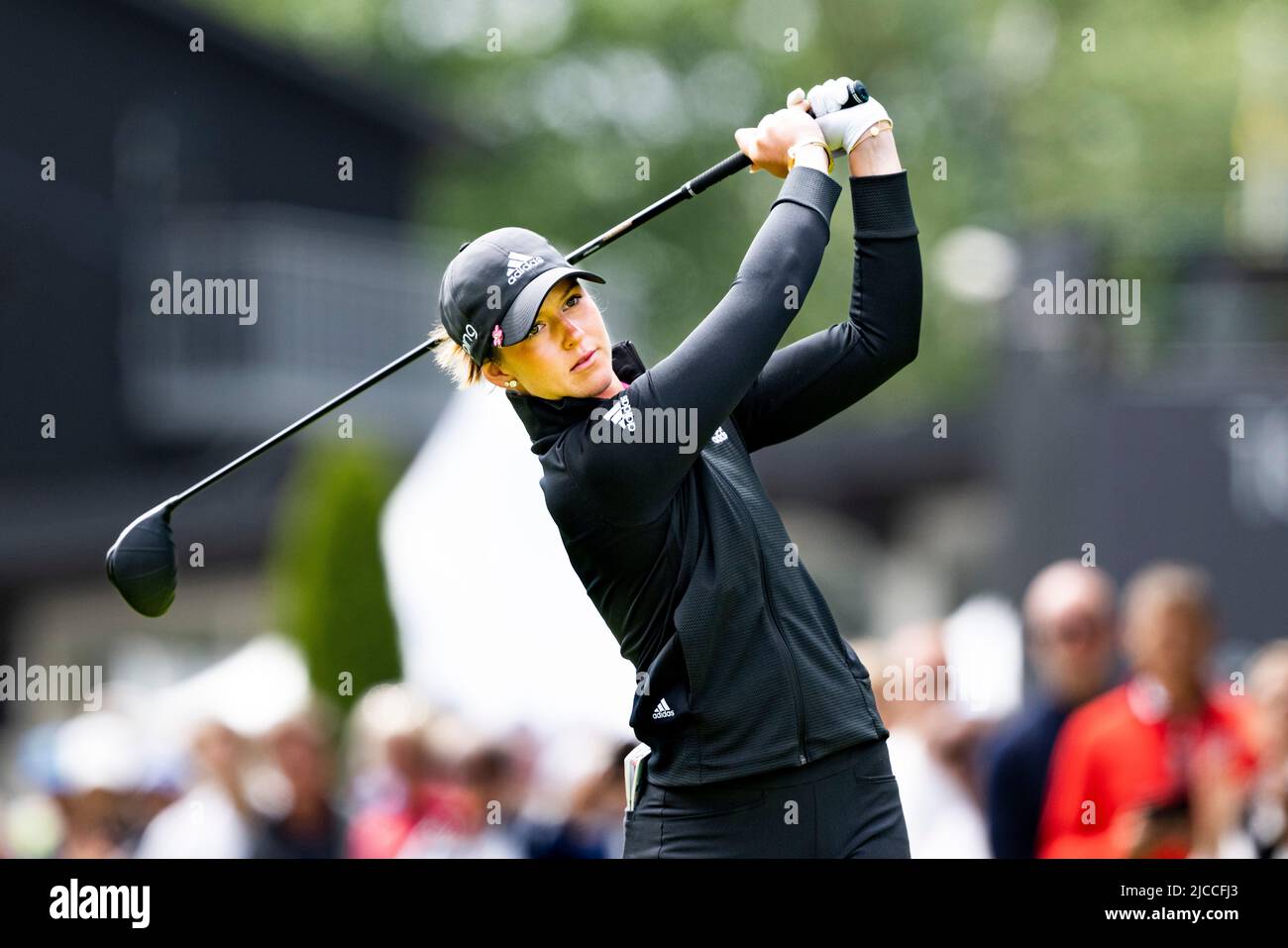 Halmstad, Suecia. 12th de junio de 2022. Linn Grant, de Suecia, llega desde  el primer tee durante la última ronda de la escandinava mixta en el  Halmstad Golf Club, Suecia, el domingo