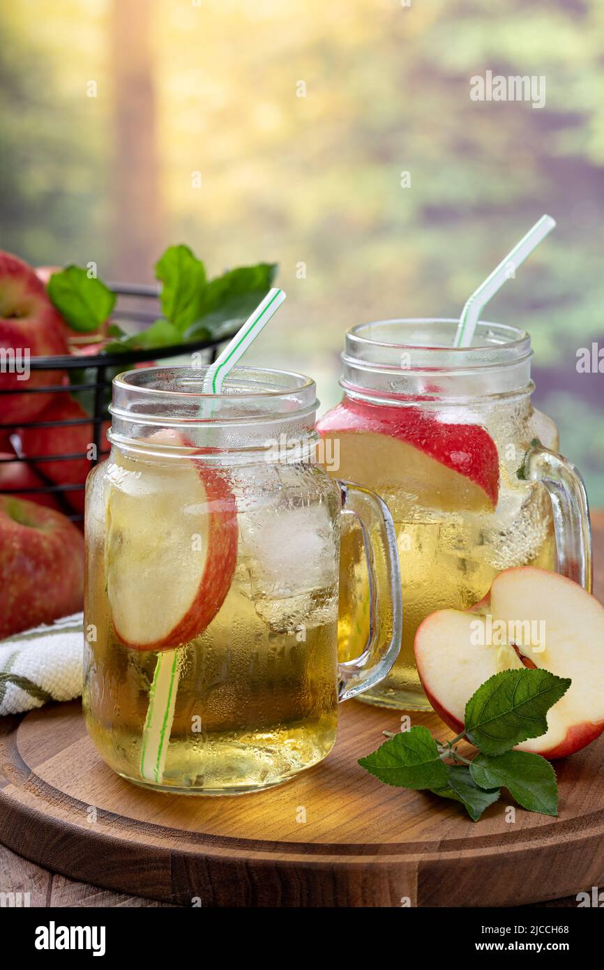 Dos vasos de zumo de manzana frío en una fuente de madera con fondo rural de verano Foto de stock