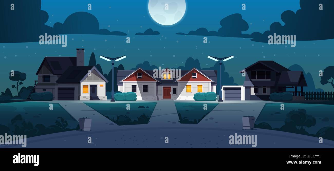 Calle nocturna suburbana. Casas de campo de barrio de dibujos animados con arbustos de césped y árboles por la noche. Vector tarde noche paisaje de la ciudad Ilustración del Vector