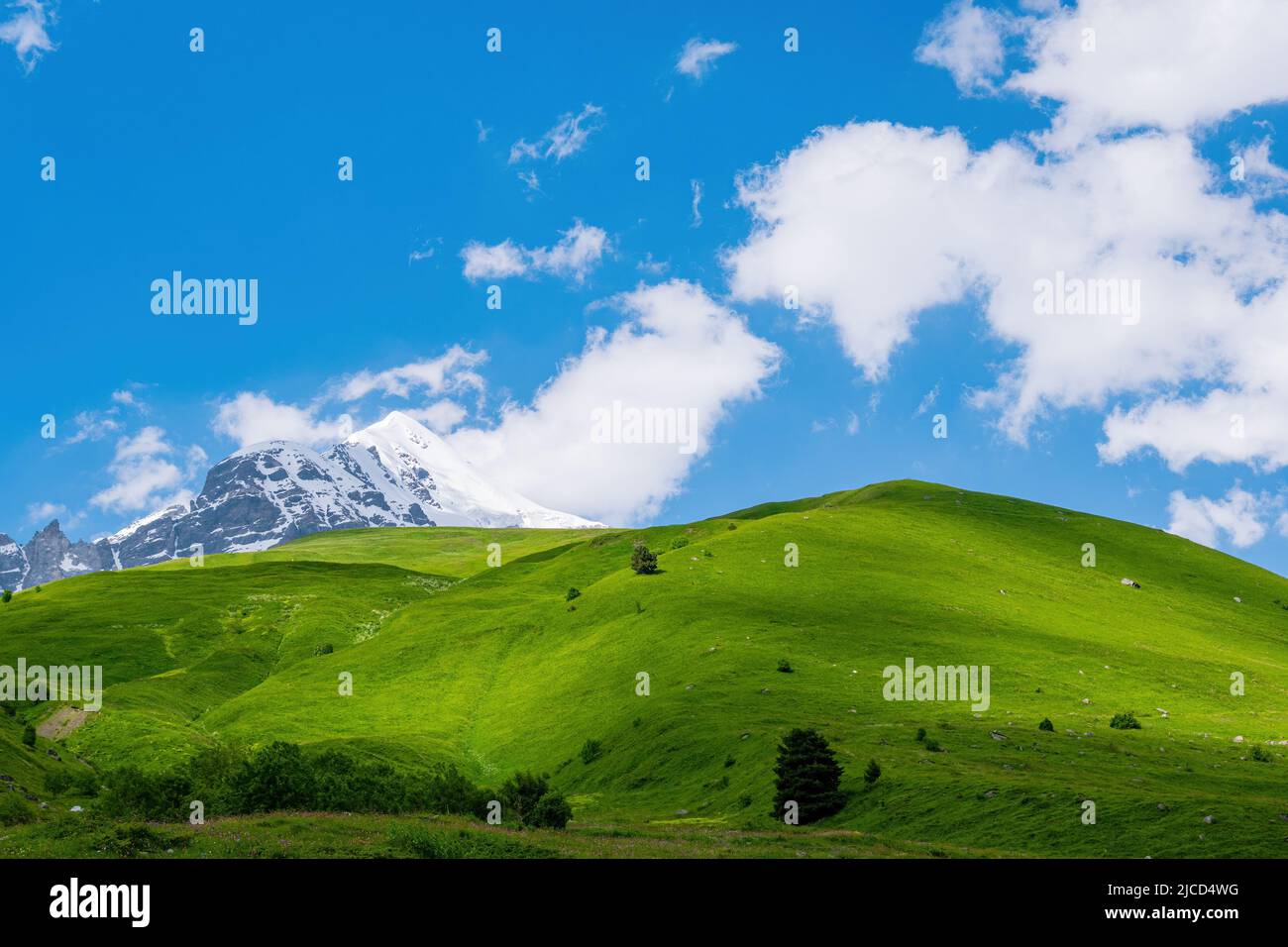 Paisaje idílico con el cielo azul, frescos y verdes prados nevados y la cima de la montaña. Región de Svanetia, Georgia Foto de stock