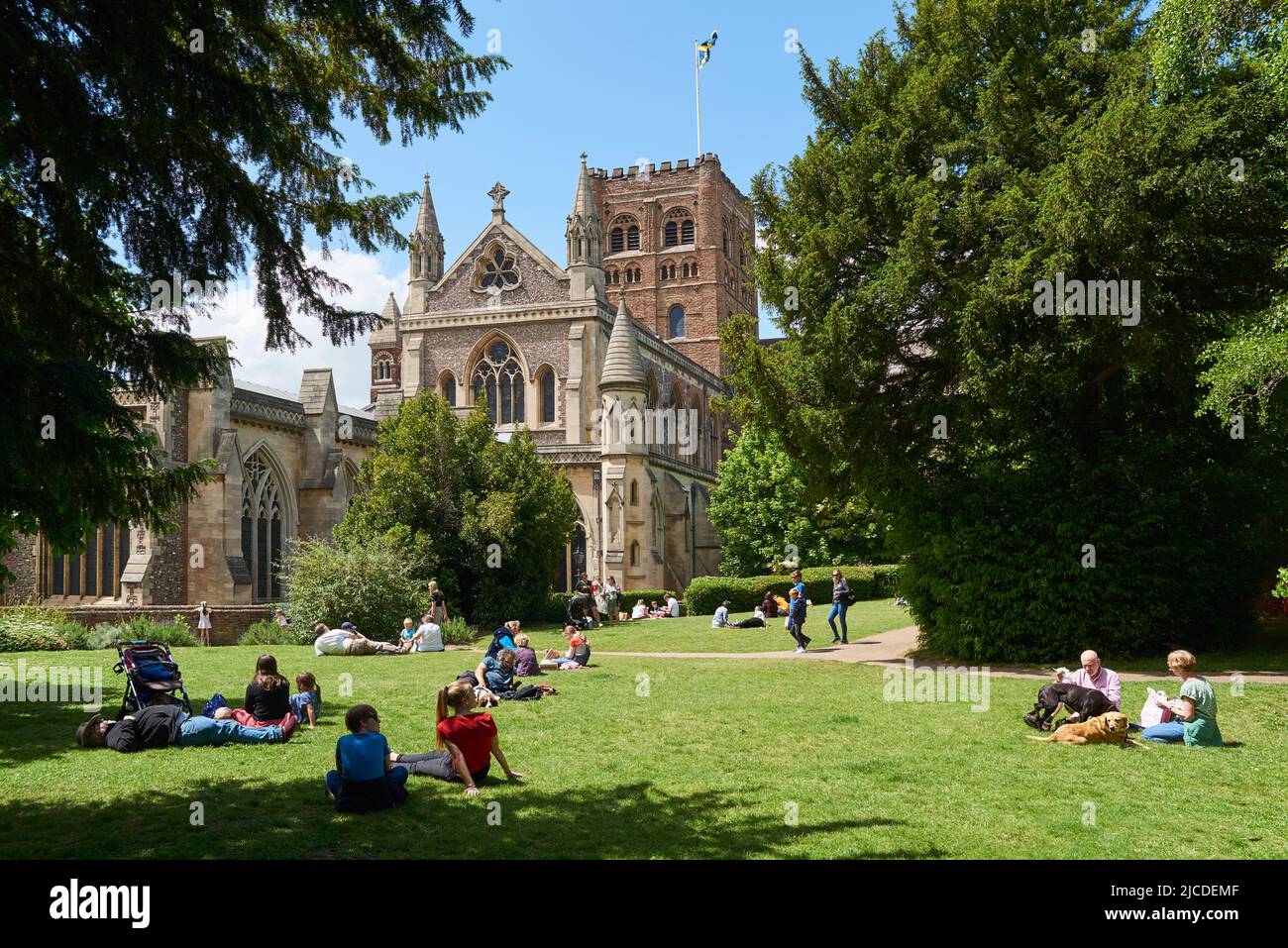 Gente que se relaja en los jardines de Vintry frente a la catedral de St Albans, en verano, Hertfordshire, Reino Unido Foto de stock