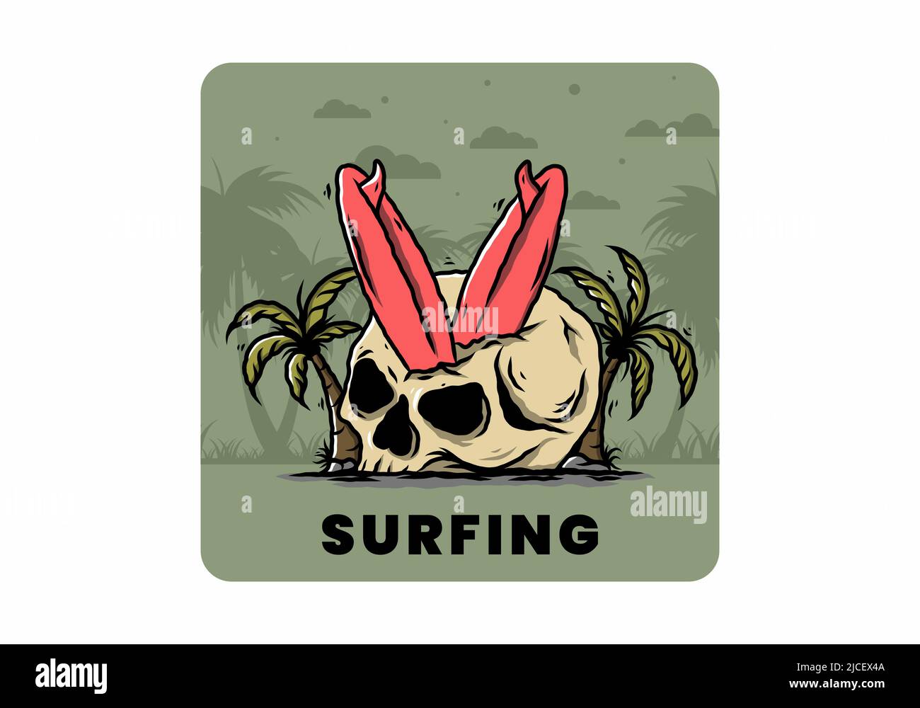 Colorido diseño de ilustración de una tabla de surf pegada en el cráneo humano entre cocoteros Ilustración del Vector