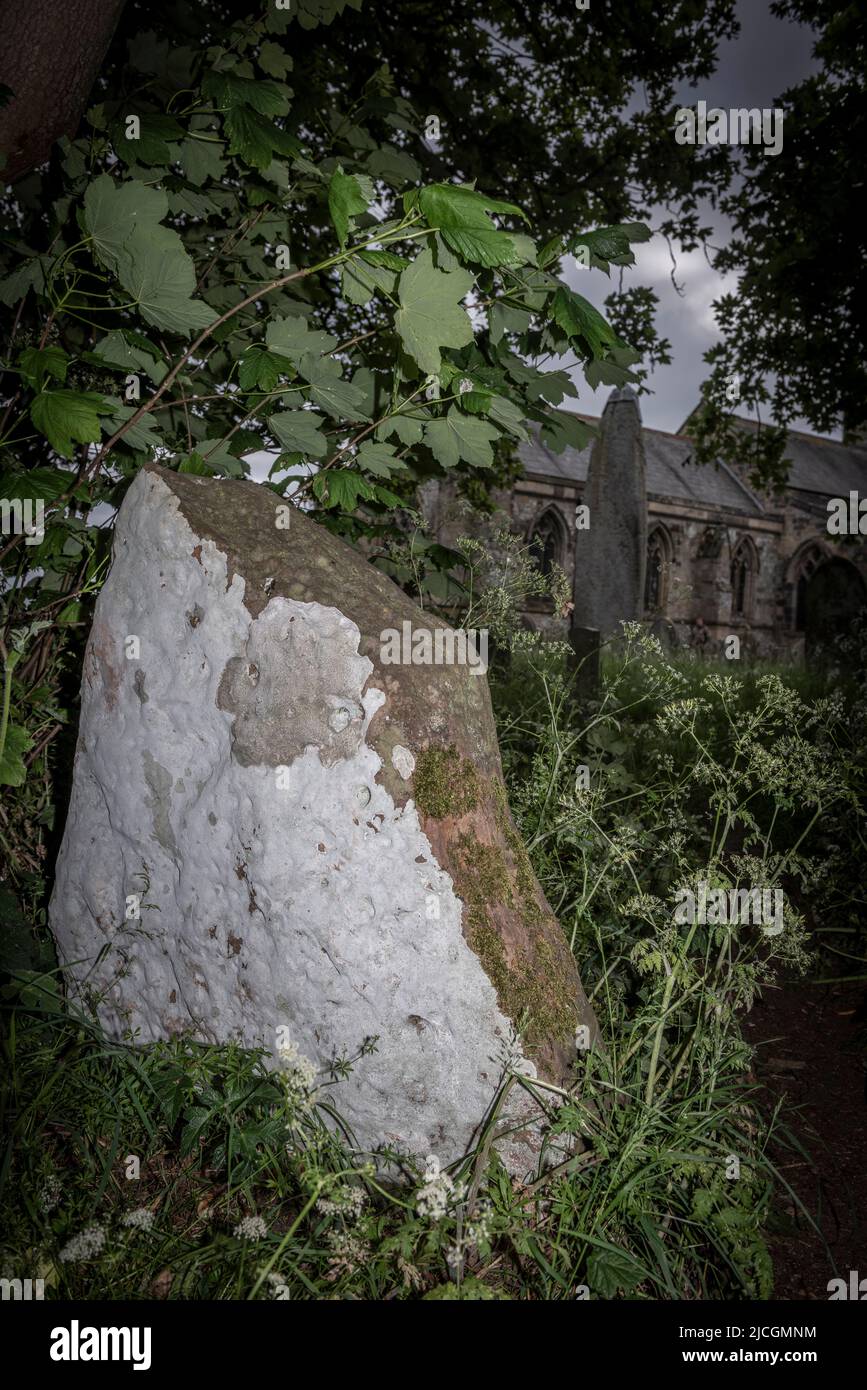 El megalito más pequeño en una esquina del cementerio cerca del Rudston Monolith en Rudston, East Riding de Yorkshire, Reino Unido Foto de stock