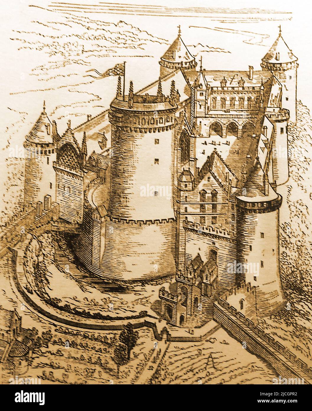 Una antigua ilustración de grabado del Chateau de Coucy (también conocido como Castillo Coucy) como lo fue una vez. ---- Une gravure ancienne du Château de Coucy. El castillo francés se encuentra en el municipio de Coucy-le-Château-Auffrique, en Picardía,. Fue construido en el siglo 13th por Enguerand III, señor de Coucy y renovado en el siglo 19th por Eugène Viollet-le-Duc . Foto de stock