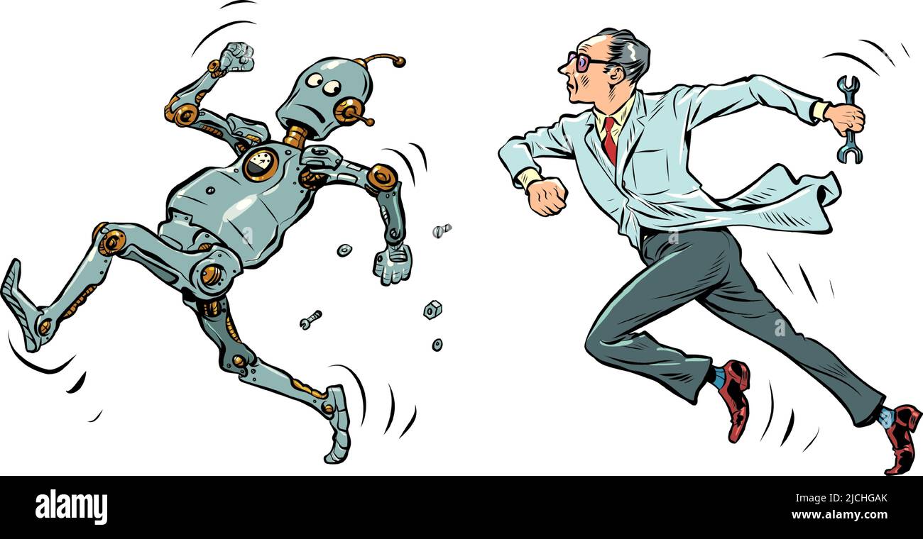 El robot se aleja del científico. Inteligencia artificial y concepto de personas. Escape de laboratorio Ilustración del Vector