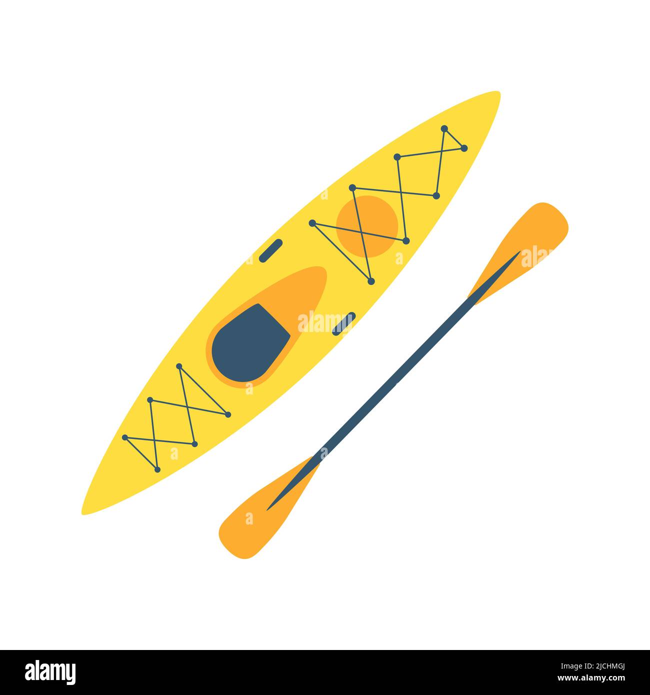 Un kayak de plástico con una pala. Bote de remo para pesca, turismo, viajes, deportes acuáticos activos. Vista superior. Ilustración de vector plano aislada sobre un blanco b Ilustración del Vector