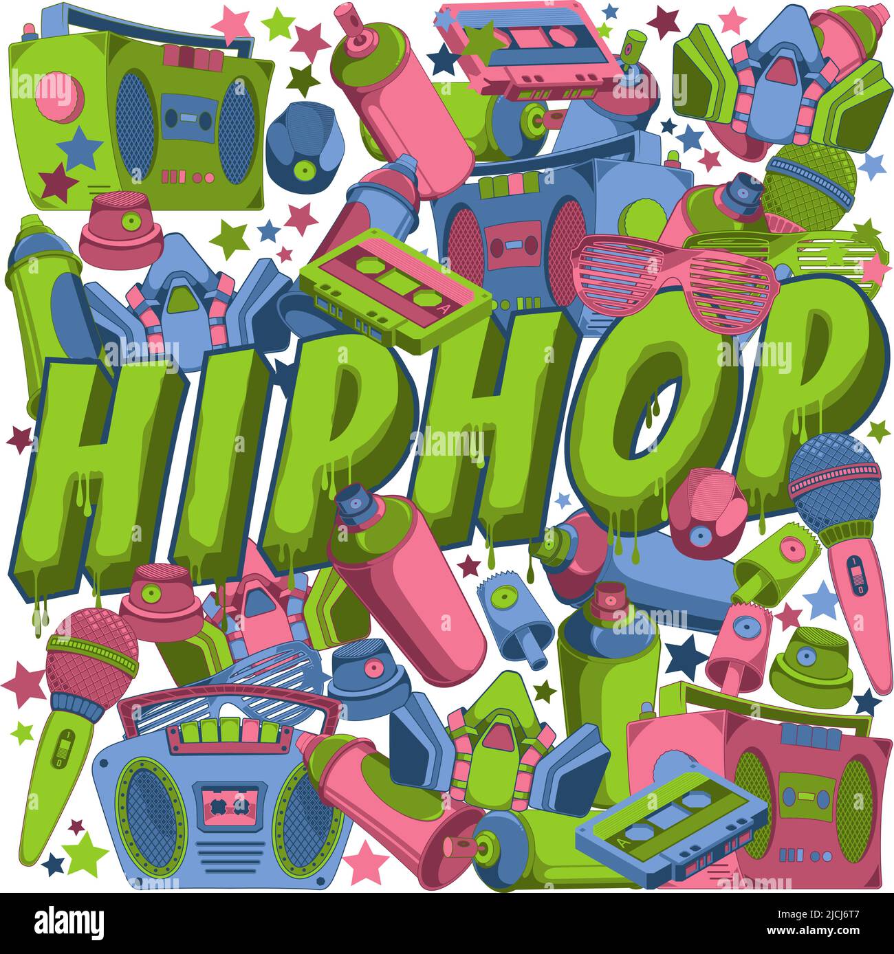 Hiphop ilustración temática Diseño con aparatos frescos como boombox casette cinta gasmask spraycans y más Ilustración del Vector