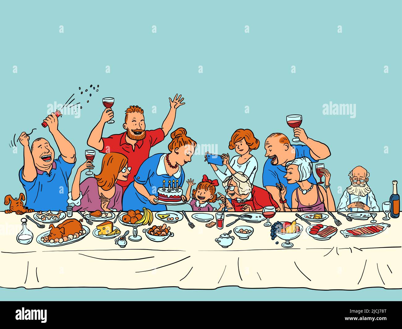 Niña hija nieta nieta Fiesta de cumpleaños, toda la familia en la mesa festiva Ilustración del Vector