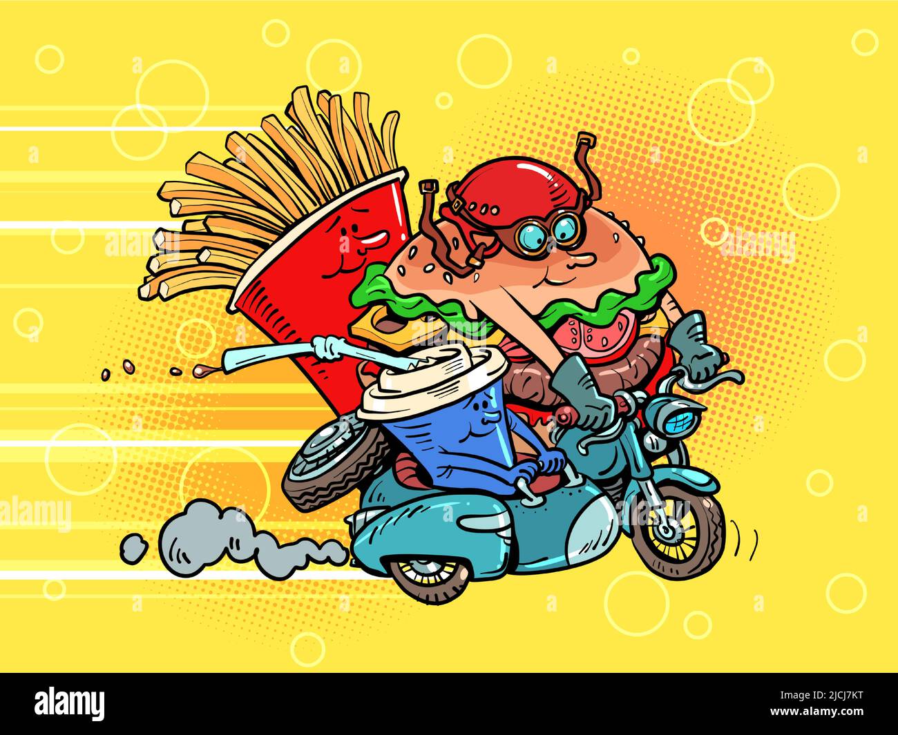 Los productos de comida rápida personajes ciclistas montar en una motocicleta. Restaurante de carretera. Las patatas fritas tipo hamburguesa beben cola Ilustración del Vector