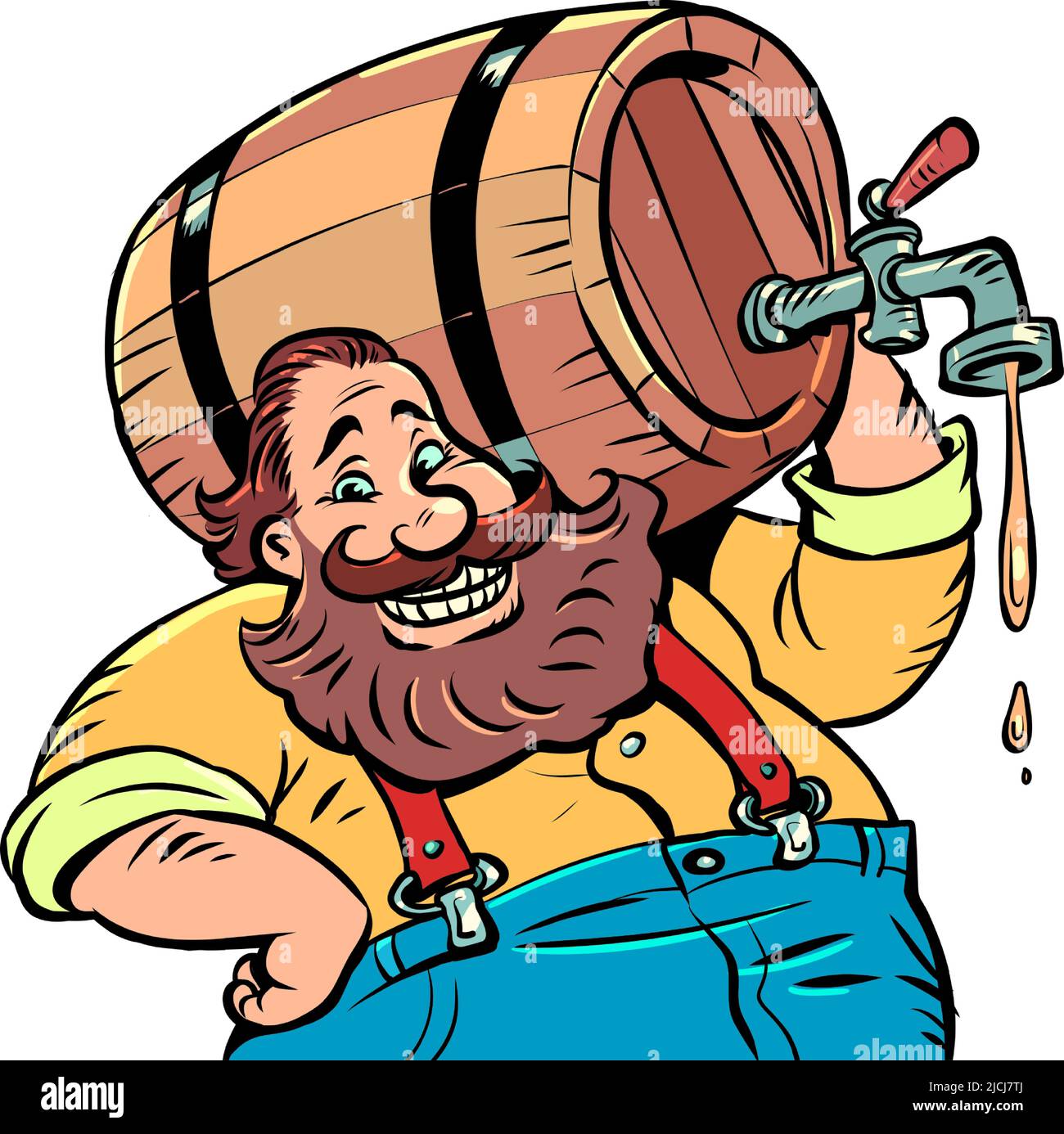 Un hombre con un barril de cerveza de madera. Bebida alcohólica. Tradición alemana bávara Ilustración del Vector