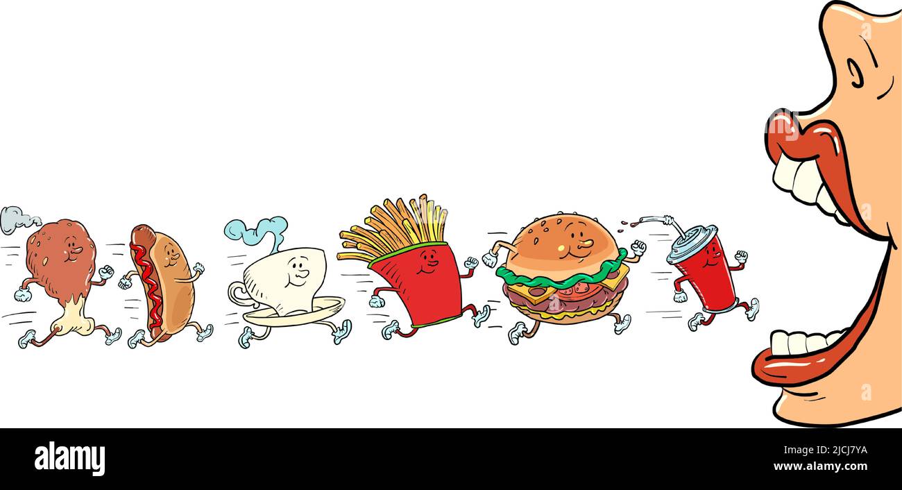 Los caracteres de los productos de comida rápida van a la boca. Restaurante de la calle. Hamburguesa patatas fritas beber cola pollo pierna perrito caliente taza de café Ilustración del Vector