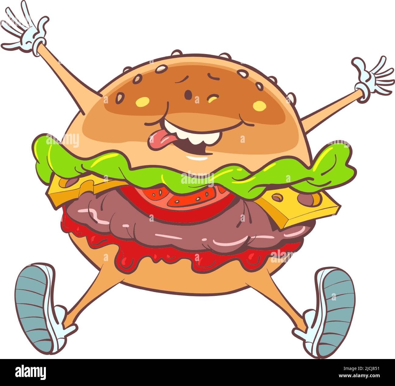 Alegre hamburguesa alegre, carácter de comida rápida. Restaurante de la calle Ilustración del Vector