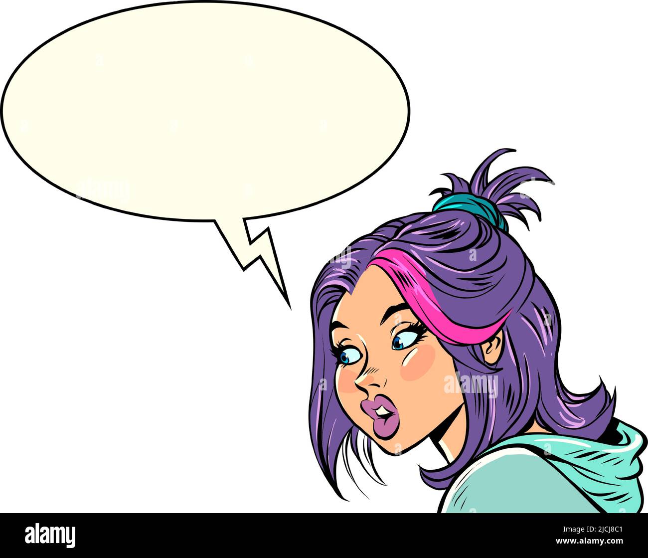 Mujer joven hablando, comunicación diálogo comic burbuja. Estilo pop art Ilustración del Vector