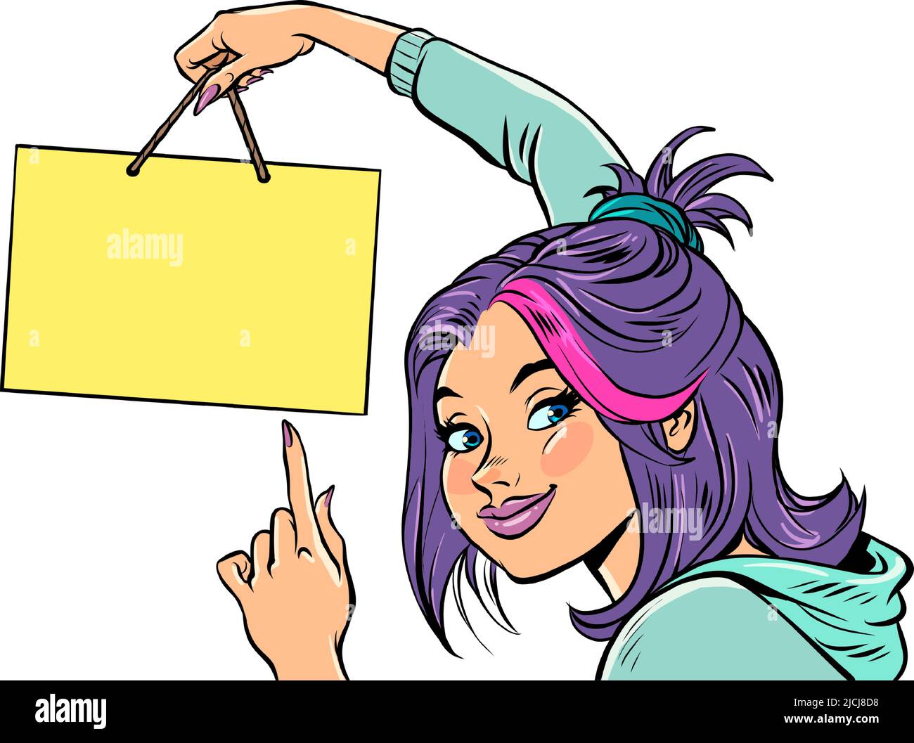 Una mujer joven cuelga un signo de plantilla en blanco. Anuncio de información de publicidad Ilustración del Vector