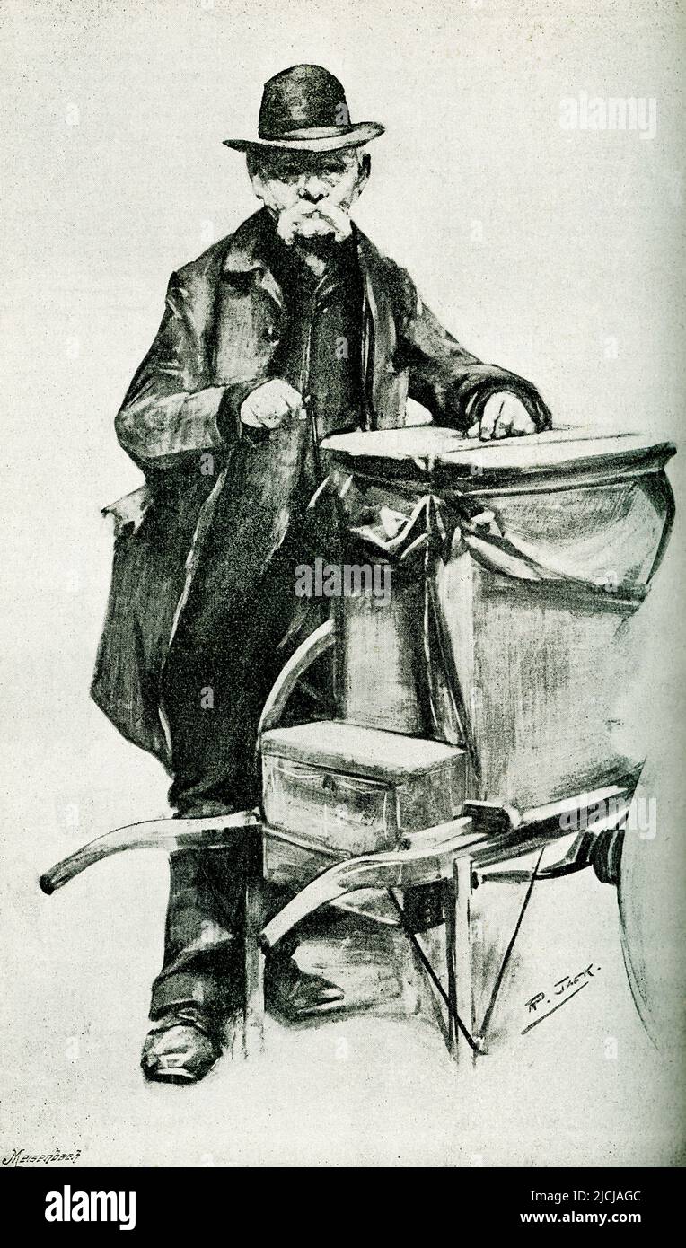 El título de 1895 dice: 'Old Barrel-Organ Grinder.' Un órgano de barril es un instrumento musical mecánico francés que consiste en fuelles y una o más filas de tubos alojados en un caso, generalmente de madera, y a menudo muy decorado. Foto de stock