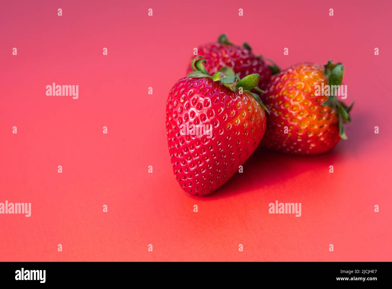 Fresas jugosas frescas maduras aisladas sobre un fondo rojo Foto de stock