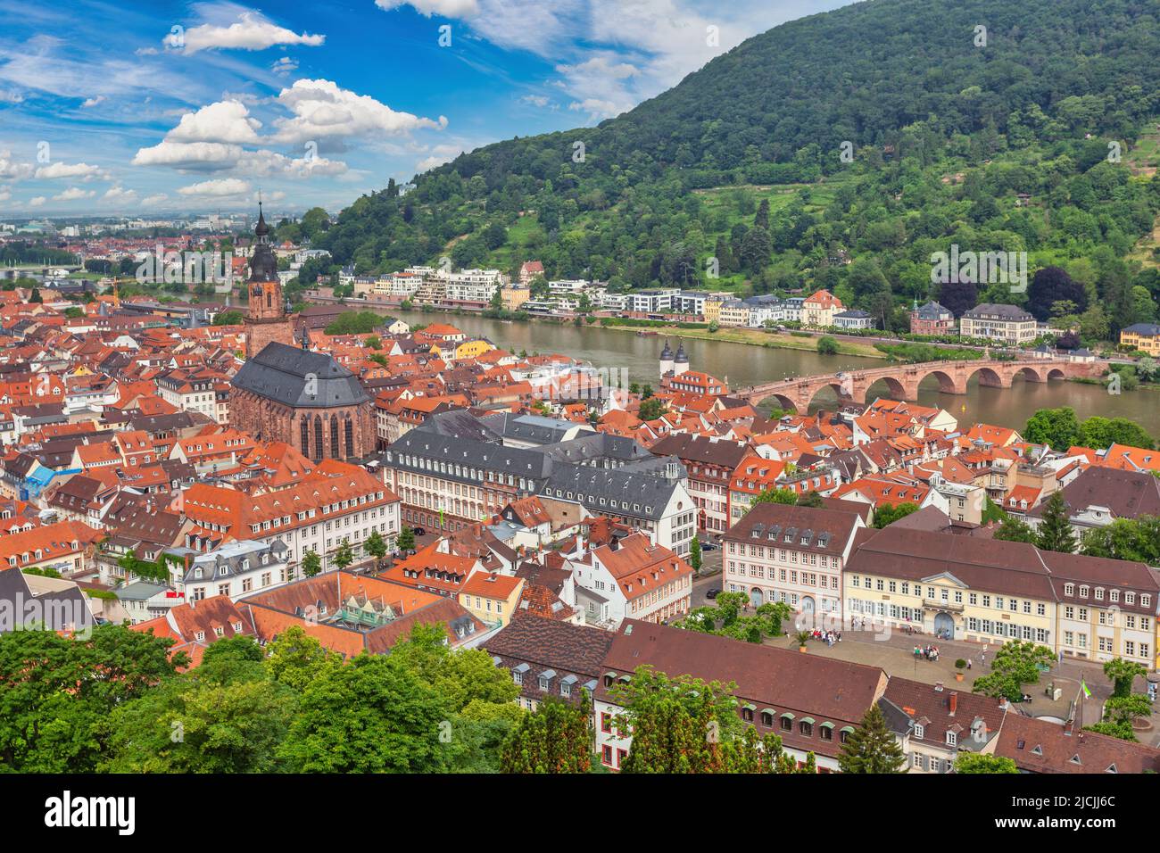 Heidelberg Alemania, el horizonte de la ciudad en el casco antiguo de Heidelberg y el río Neckar con el puente viejo Foto de stock