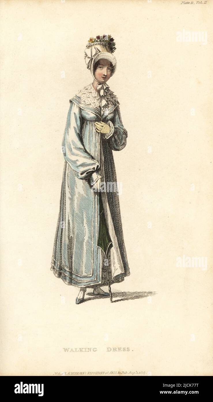 Regencia mujer en vestido de caminar y pelisse. Vestido redondo en cambric recortado con encaje, pelisse de sarsnet blanco y azul tiro, sombrero satén blanco adornado con flores. Diseñado por la Sra. Elizabeth Gill de Cork Street, Burlington Gardens. 2, Plato 11, 1 de agosto de 1816. Grabado de copperplate a mano de Thomas Uwins del Repositorio de Artes de Rudolph Ackermann, Strand, Londres. Foto de stock