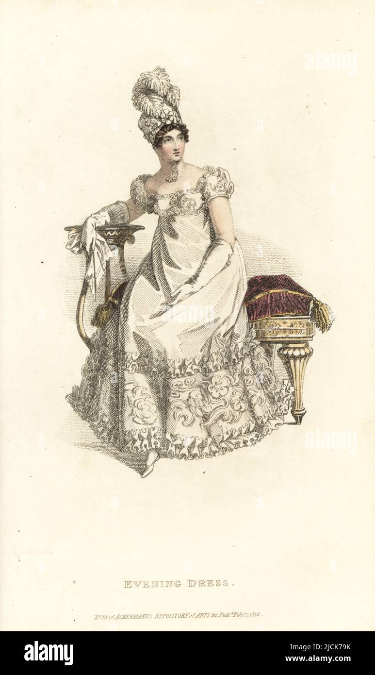 Regencia dama en la noche vestido sentado en una fiesta, 1819. Vestido redondo en satén blanco con ruche de rosas de red, corpiño de corte bajo, sombrero de toque de satén blanco con rosas y plumas de avestruz. Diseñado por Mrs Smith de 15 Old Burlington Street. 7, Plato 11, 1 de febrero de 1819. Grabado de copperplate a mano de Thomas Uwins del Repositorio de Artes de Rudolph Ackermann, Strand, Londres. Foto de stock