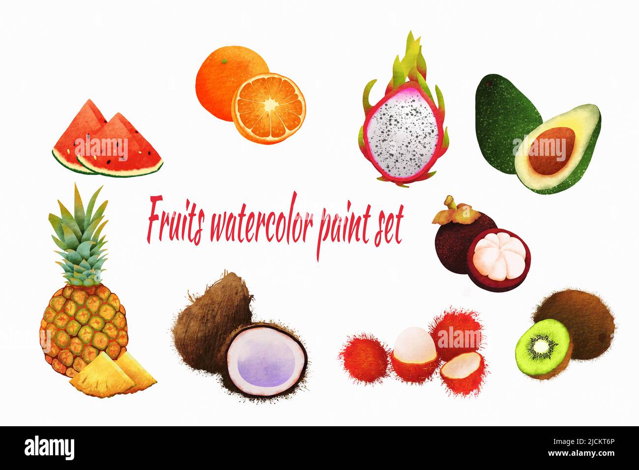 Juego de frutas acuarela. Naranja, dragón, aguacate, mangostán, piña sobre fondo de papel blanco Foto de stock