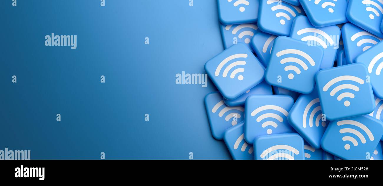Logotipos WiFi en un montón en una mesa. Espacio de copia. Formato de banner web. Foto de stock