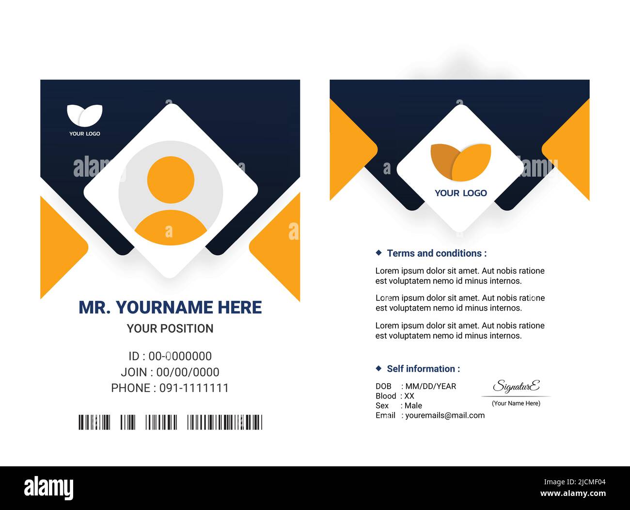 Diseño de plantilla de identificación de tarjeta de negocios. Azul oscuro y amarillo Tarjeta de visita vertical o identidad personal. Ilustración vectorial Ilustración del Vector