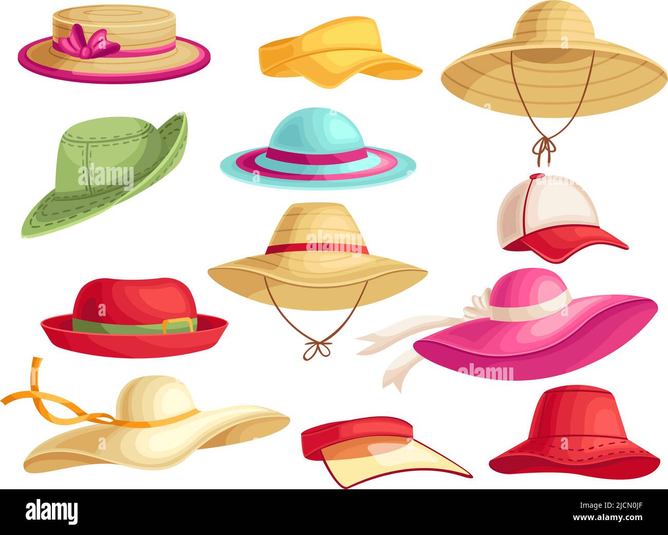 Sombreros de verano femeninos. Gorra de playa, vacaciones panamá y elegante  señora sombrero de dibujos animados vector conjunto Imagen Vector de stock  - Alamy