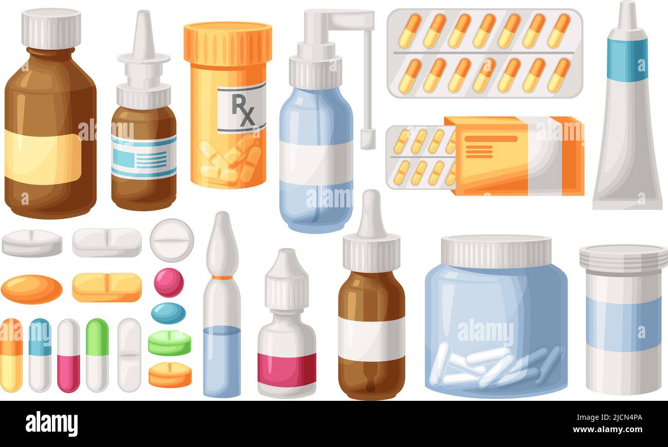 Medicina de dibujos animados. Frascos de medicamentos, tabletas y píldoras  de farmacia. Aerosoles, gotas para viales y ampollas. Juego de  ilustraciones de vectores farmacéuticos Imagen Vector de stock - Alamy