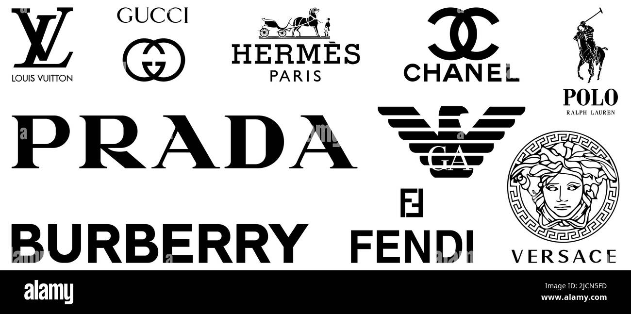 Las 10 marcas de ropa más populares del mundo. Louis Vuitton, Gucci,  Hermes, Prada, Coco Chanel, Ralph Lauren, Burberry, Versace, Fendi, Armani.  Edición Imagen Vector de stock - Alamy