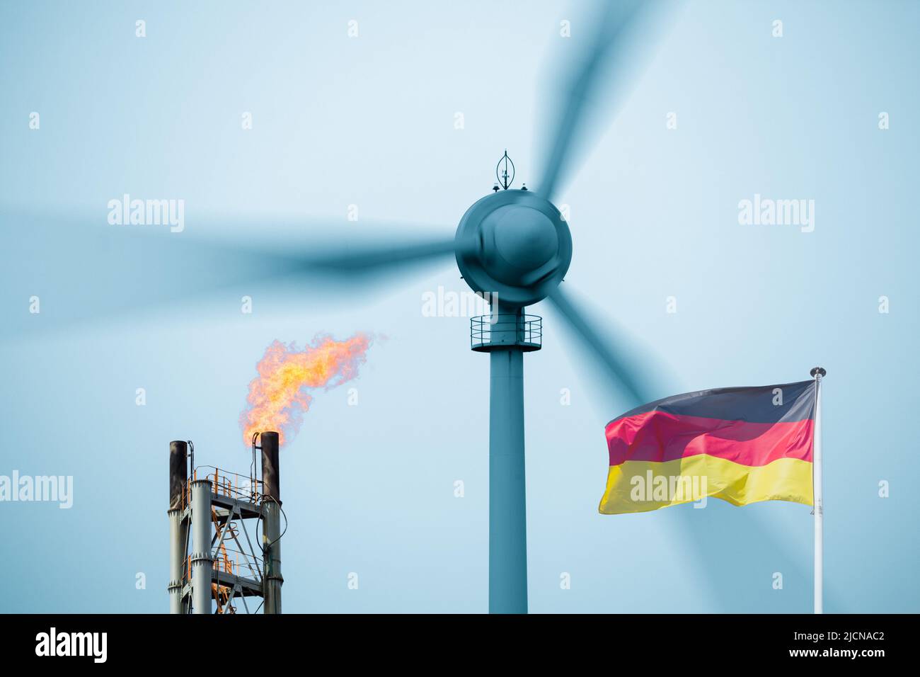 Energía renovable, gas, combustibles fósiles, gas ruso, aerogenerador, Calentamiento global, cambio climático, Alemania... concepto Foto de stock