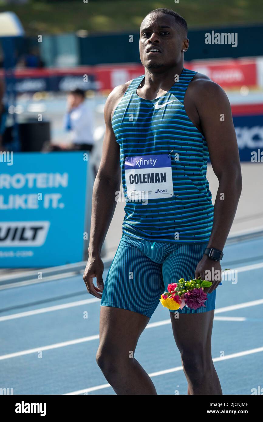 Christian Coleman (EE.UU.) gana los 100m hombres en el Gran Premio de Nueva York 2022. Foto de stock