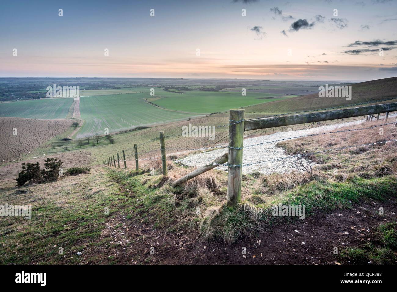 Amplia vista de la cola de caballo, el resto de la figura de la colina de tiza icónica, primera cortada en 1812, que conduce a lo largo de la ladera, al atardecer en el invierno inglés Foto de stock