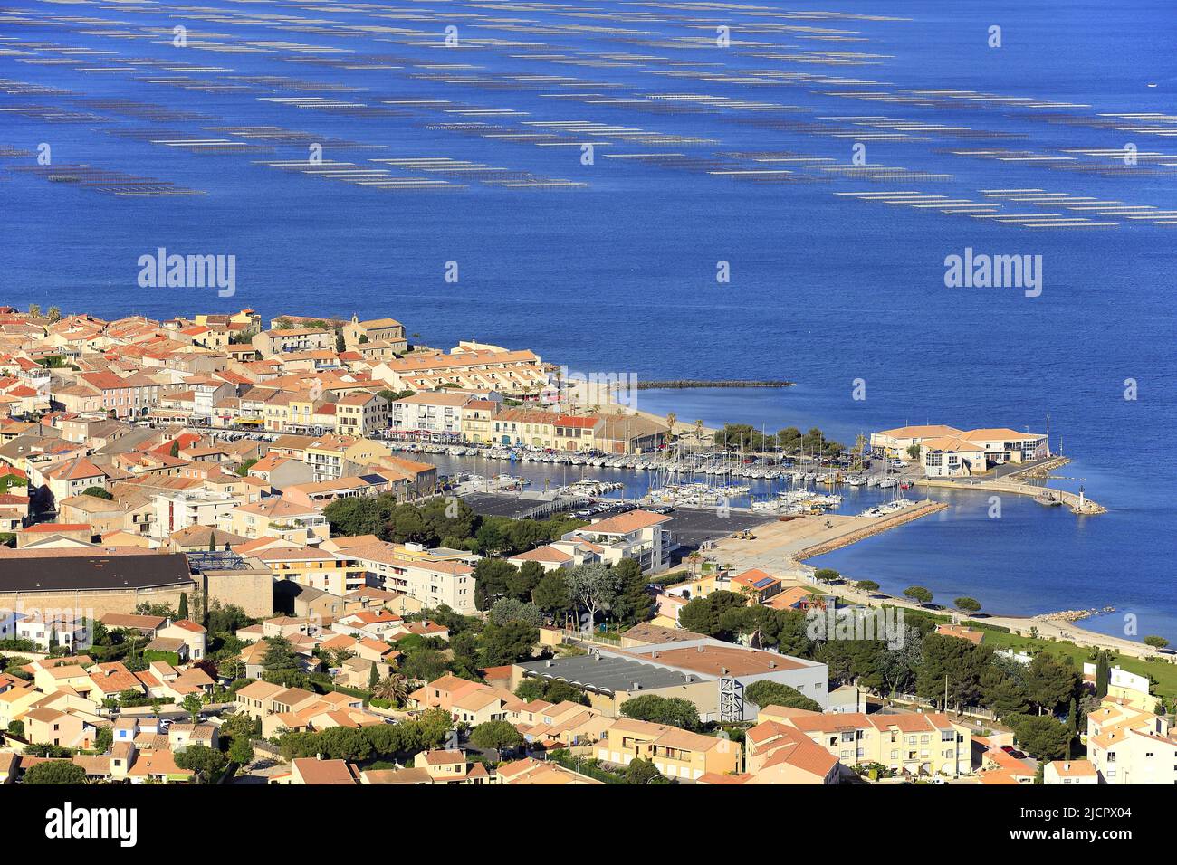 Francia, Hérault, Mèze, la ciudad portuaria mediterránea, situado a orillas del Etang de Thau con sus parques tiene conchas, (foto aérea) Foto de stock