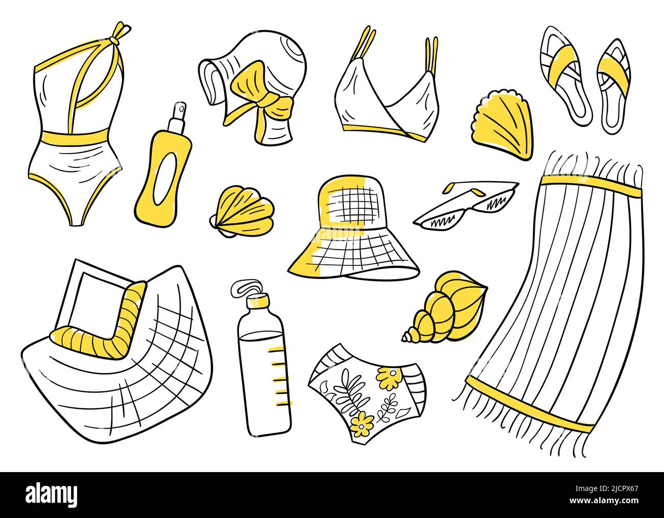 Conjunto de artículos de verano de estilo dibujado a mano. Sencillos iconos  de diseño minimalista. Traje de baño de playa, sombrero de panamá, gafas de  sol, toalla, botella de agua, concha, chanclas,