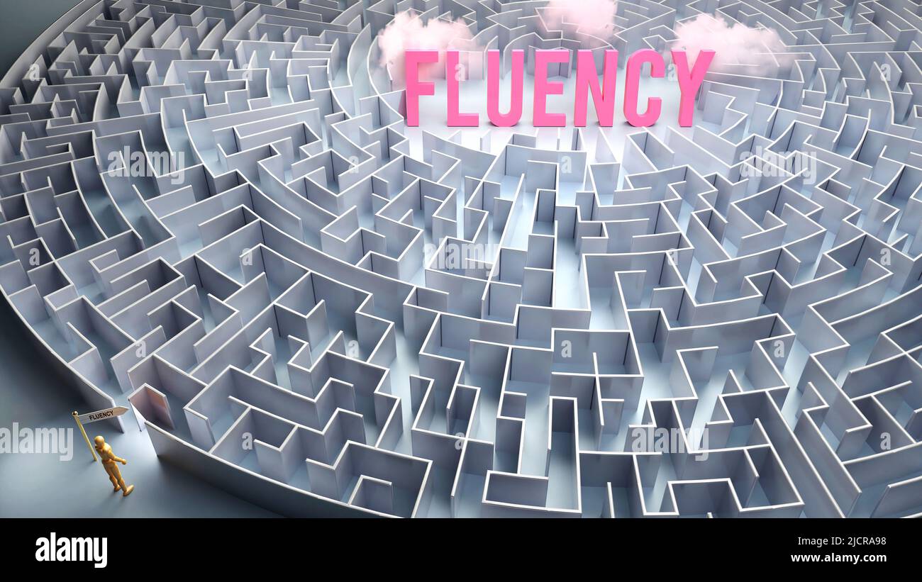 Fluidez y un camino difícil, confusión y frustración en su búsqueda, duro viaje que lleva a Fluency,3D ilustración Foto de stock