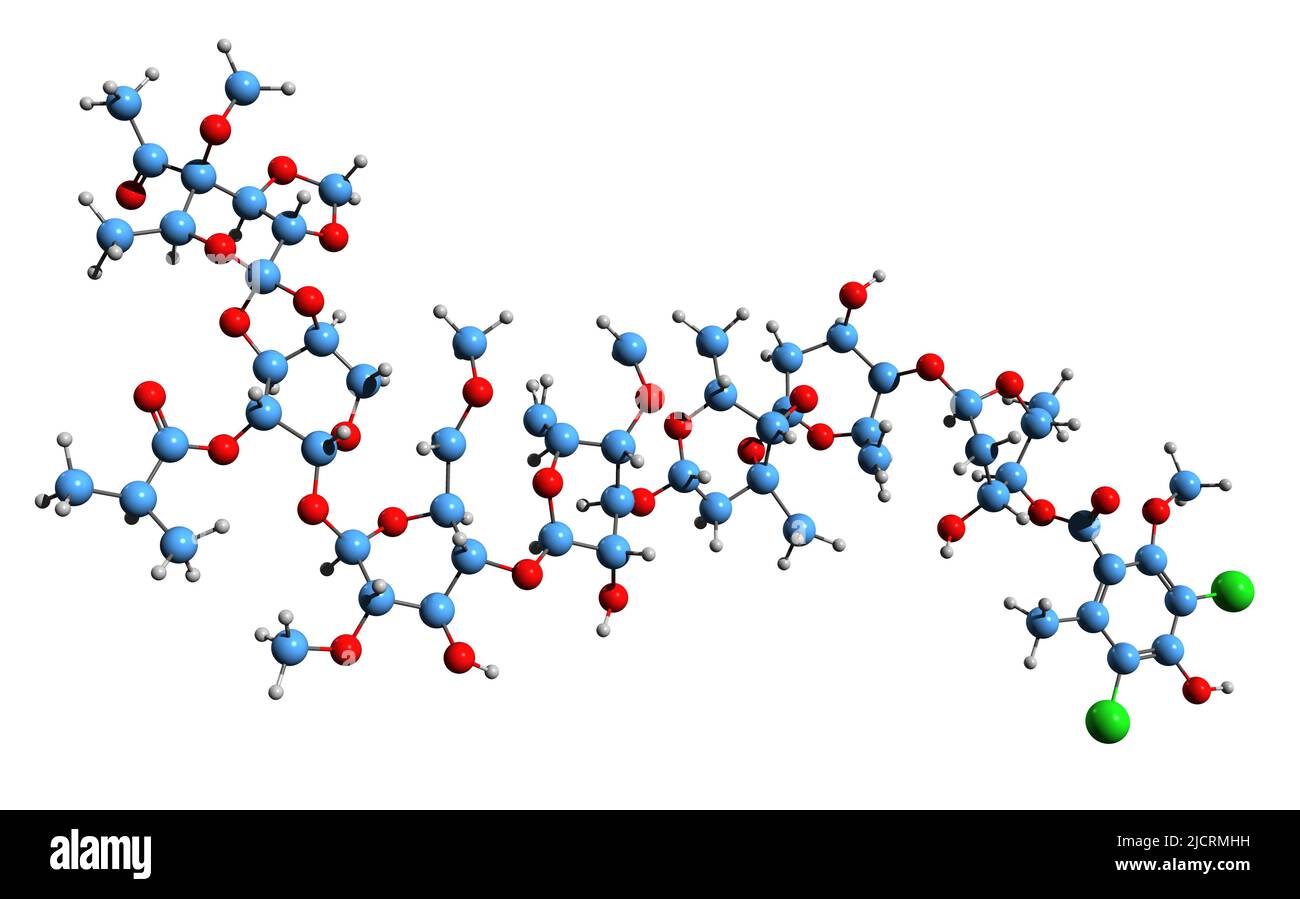 3D Imágen de la fórmula esquelética de Avilamicina - estructura molecular Е717 mica de antibióticos aislados sobre fondo blanco Foto de stock