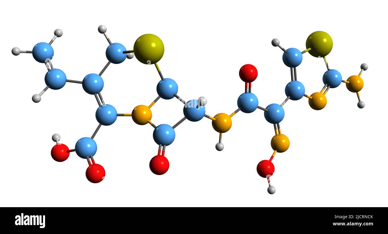 3D Imágen de la fórmula esquelética de Cefdinir - estructura química molecular de un antibiótico aislado sobre fondo blanco Foto de stock