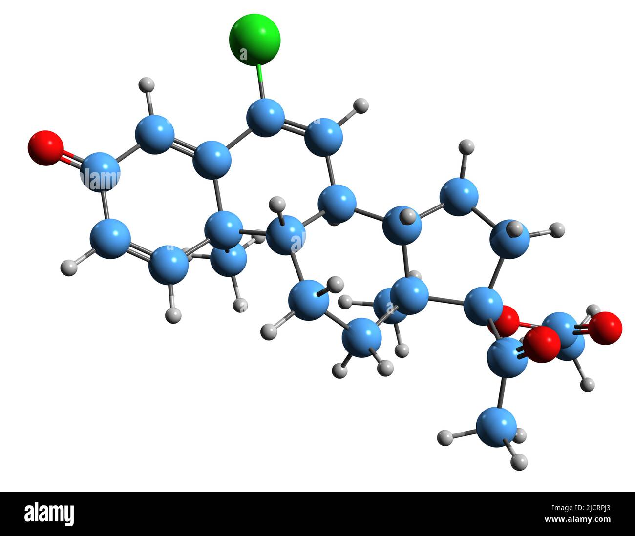 3D Imágen de la fórmula esquelética de acetato de Delmadinona - estructura química molecular de antiandrógeno aislado sobre fondo blanco Foto de stock