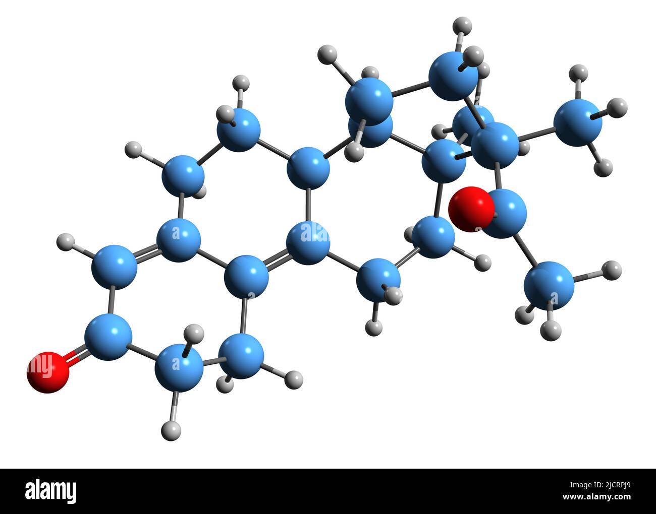 3D Imágen de la fórmula esquelética de Demegestone - estructura química molecular de la medicación de progestina aislada sobre fondo blanco Foto de stock