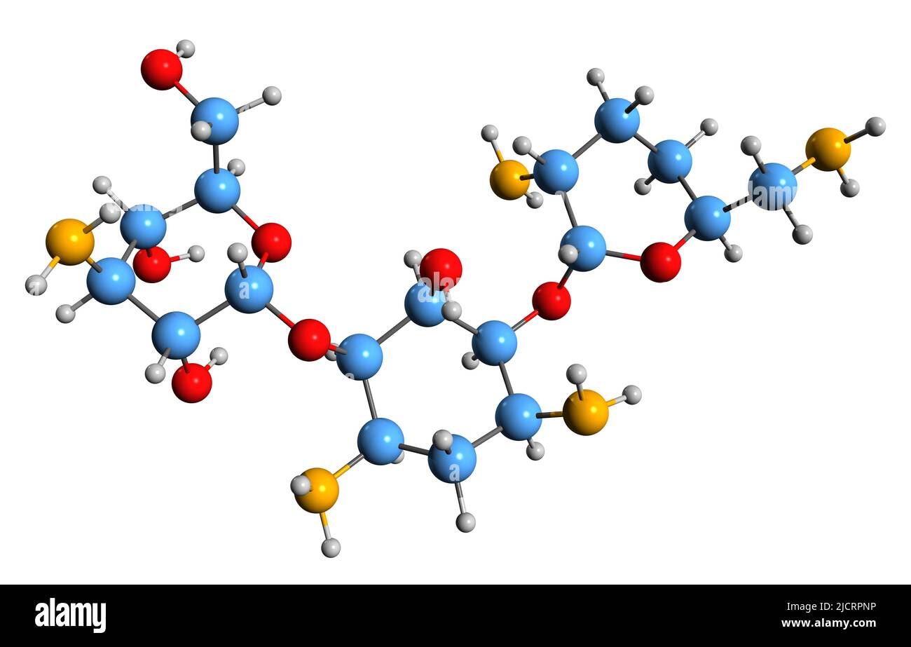 3D Imágen de la fórmula esquelética de Dibekacina - estructura química molecular del antibiótico aminoglucósido aislado sobre fondo blanco Foto de stock