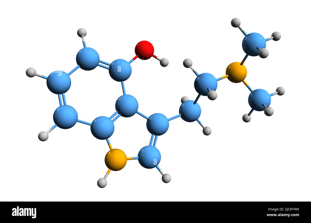3D Imagen de la fórmula esquelética de psilocina - estructura química molecular de psilocin o psilotsina aislada sobre fondo blanco Foto de stock