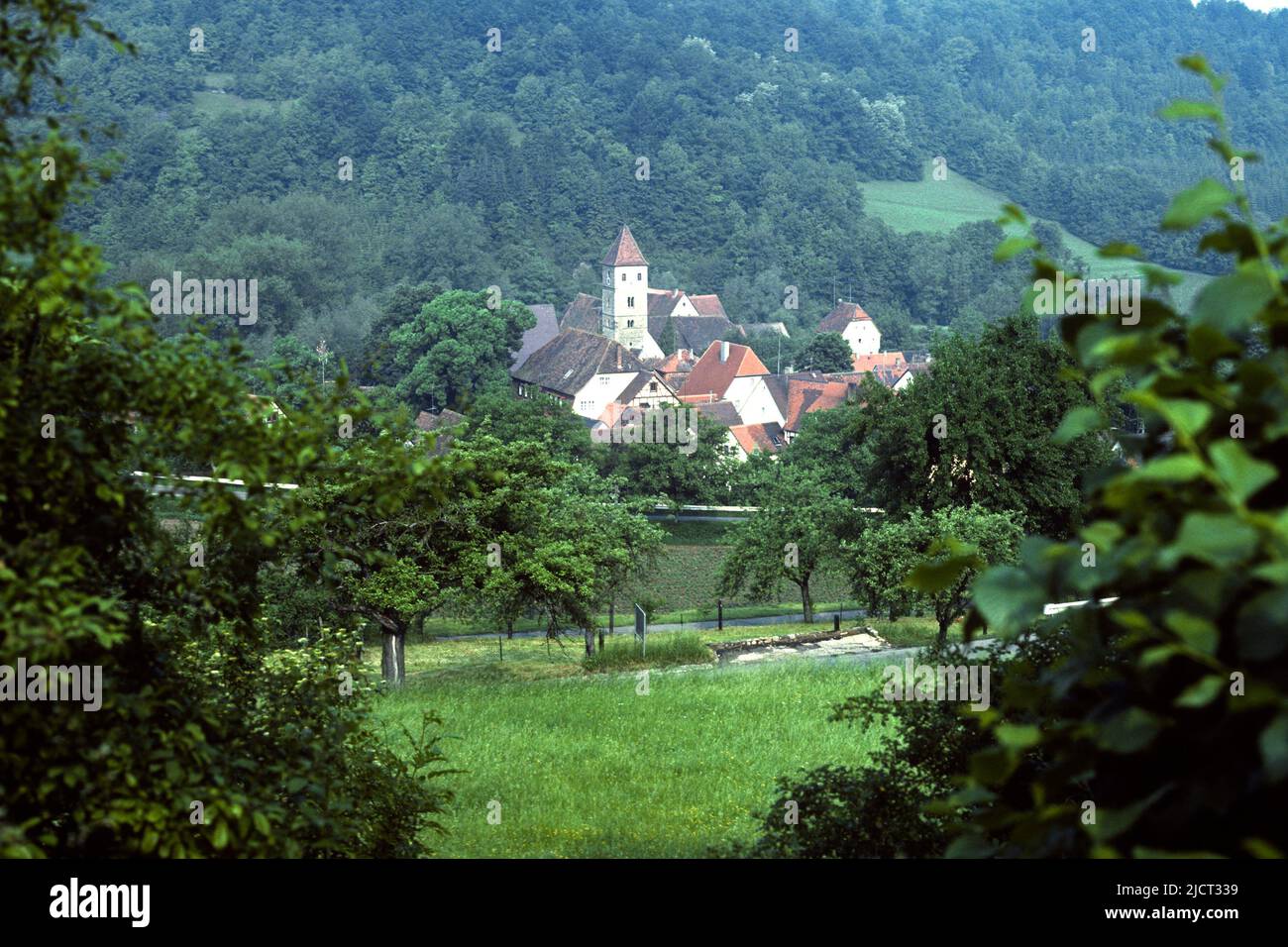 Vista del pueblo desde la ladera en 1982, Detwang, Rothenburg ob der Tauber, Baviera, Alemania Foto de stock