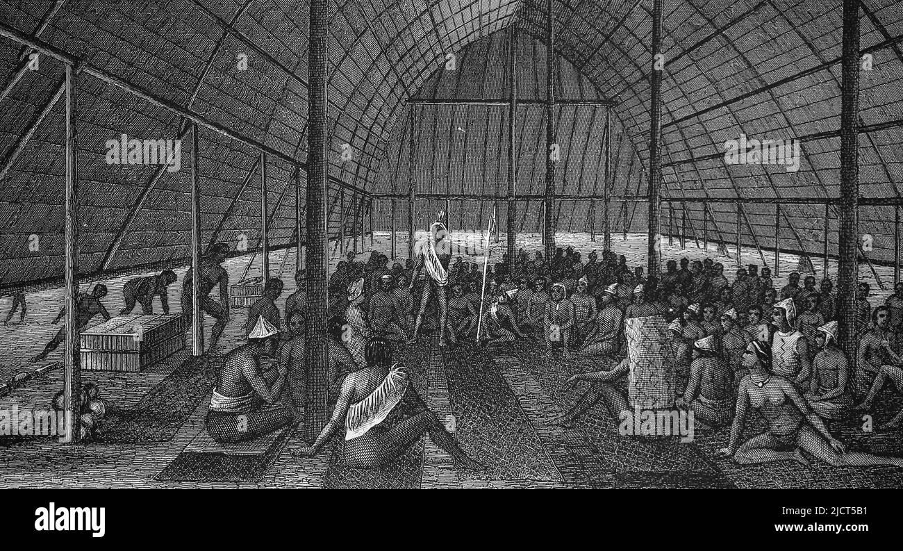 Reunión en la Isla de Drummond. Océano Pacífico. Grabado, siglo 19th. Foto de stock
