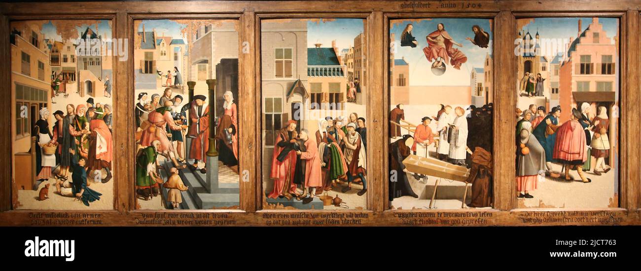 Las Siete Obras de Misericordia. Maestro de Alkmaa, 1504. Aceite en el panel. Rijksmuseum. Ámsterdam. Países Bajos. Foto de stock