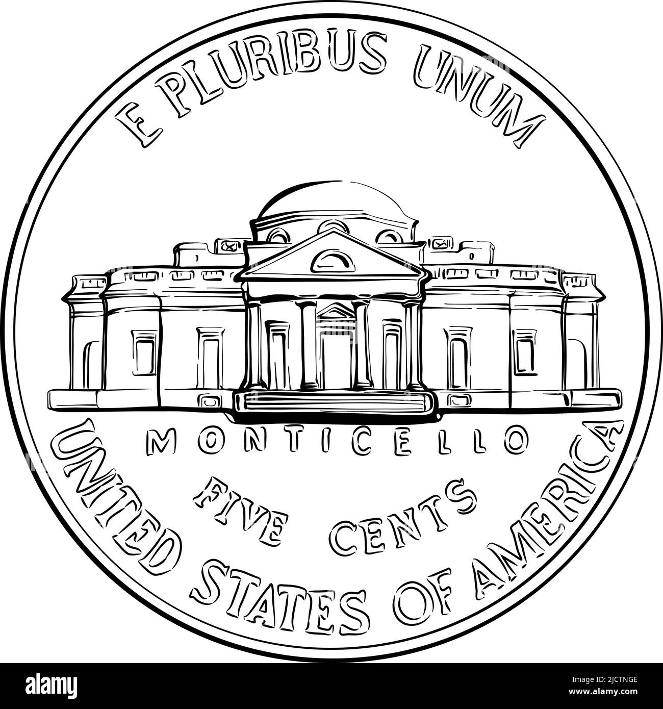 Reverso de Jefferson níquel, dinero americano, EE.UU. Moneda de cinco centavos, Jefferson casa Monticello al revés, blanco y negro Ilustración del Vector