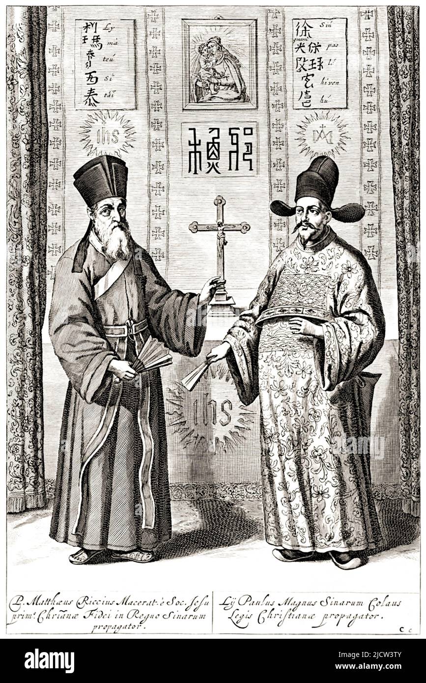 1600 Ca , ITALIA : El matemático italiano , cartógrafo y sinólogo Padre  MATTEO RICCI ( 1552 - 1610 ) con PAULUS LI . El Padre Matteo Ricci fue un  sacerdote jesuita