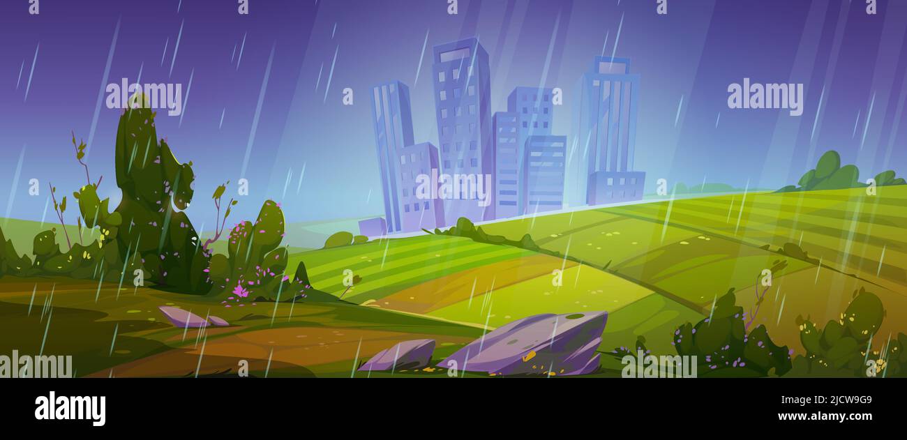 Escena de verano con campos y ciudad en el horizonte bajo la lluvia. Ilustración de dibujos animados vectoriales del paisaje rural con tierras agrícolas, arbustos verdes, camino y la ciudad en tiempo Escena de verano con campos y ciudad en el horizonte bajo la lluvia. Ilustración de dibujos animados vectoriales del paisaje rural con tierras agrícolas, arbustos verdes, camino y la ciudad en tiempo