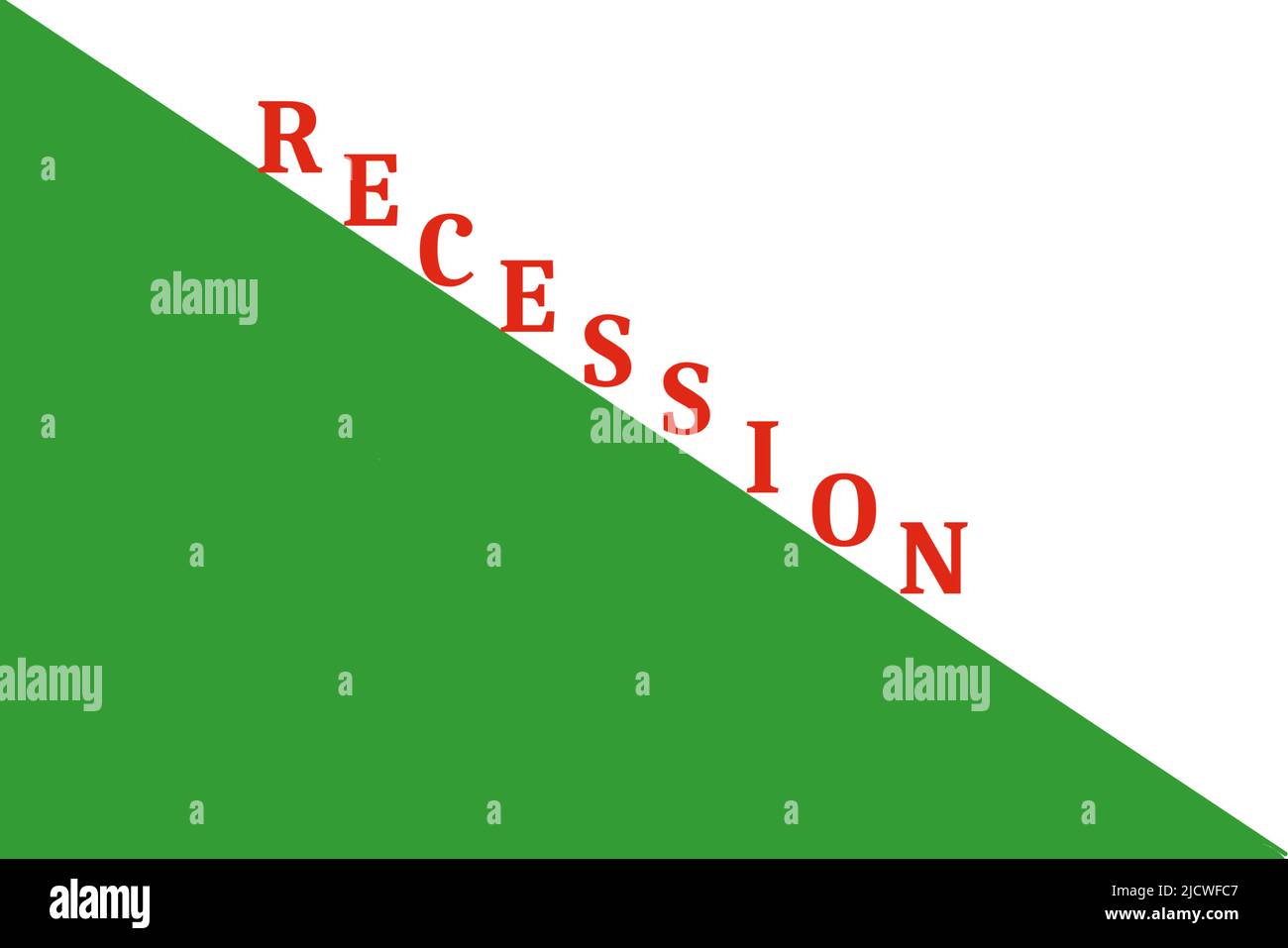 Gráfico de recesión. La palabra recesión en rojo encima de un triángulo verde se desplega hacia abajo Foto de stock