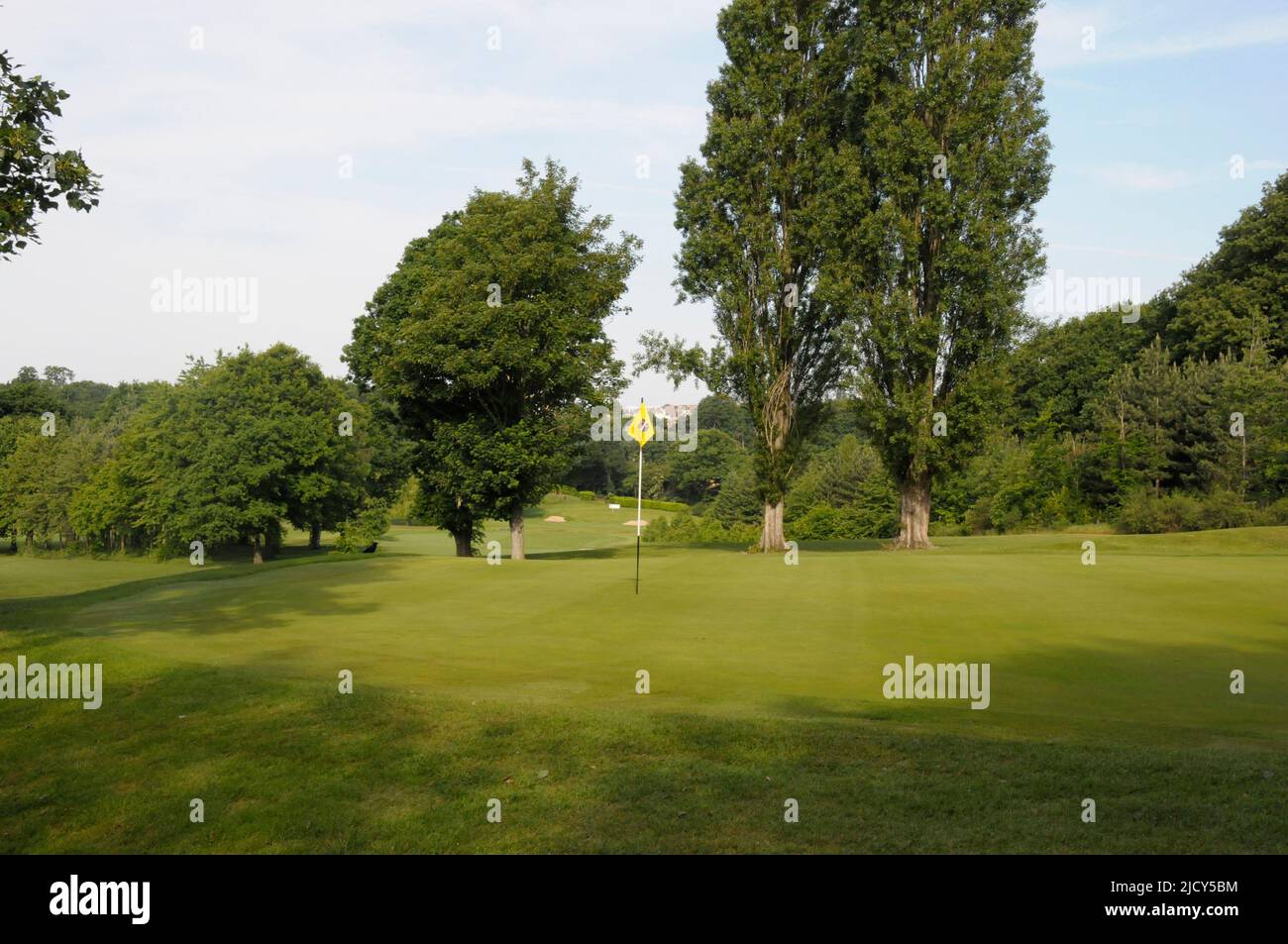 Vista sobre 14th Green en West Course con 15th hoyos de fondo, Sundridge Park Golf Club, Bromley, Kent, Inglaterra Foto de stock