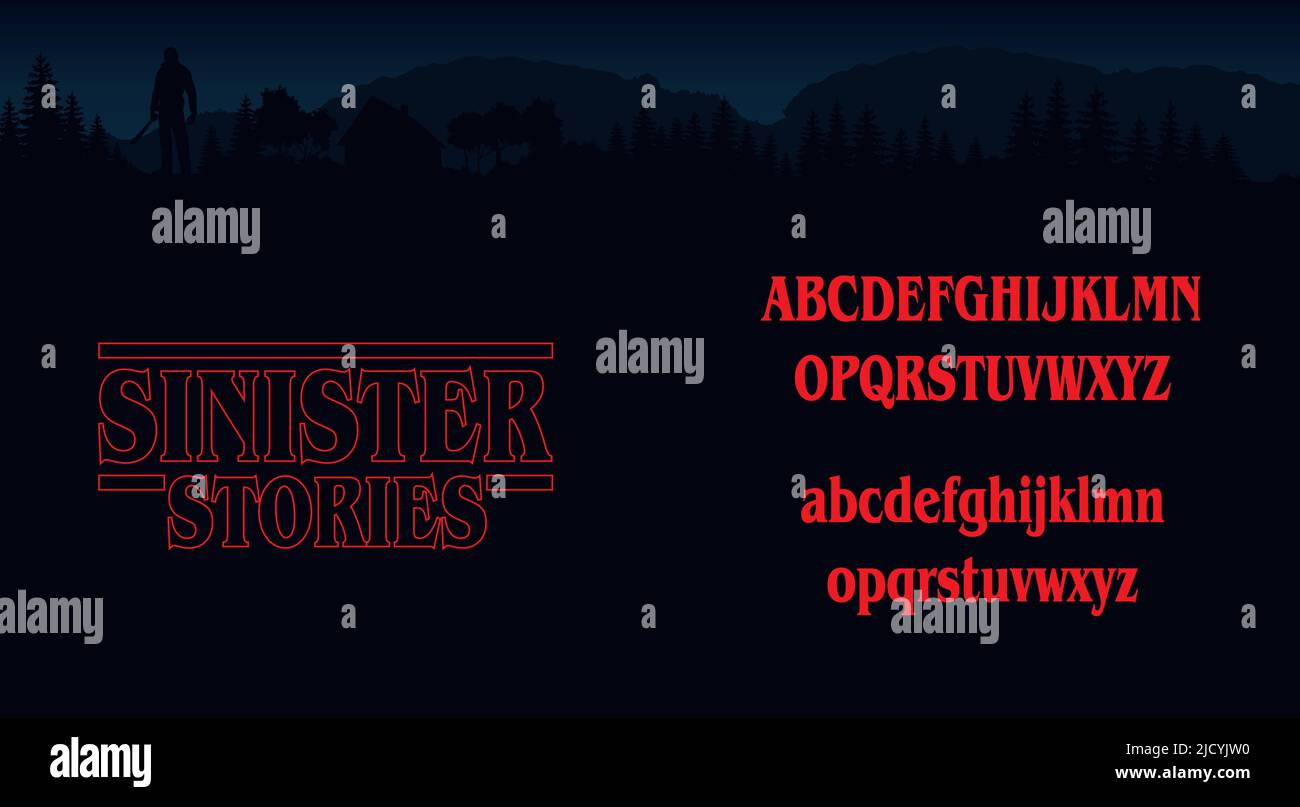 Letras de Halloween, alfabeto de historias de Sinister, letras retro de los 80, estilo de terror ABC, título de película de Scary Ilustración del Vector